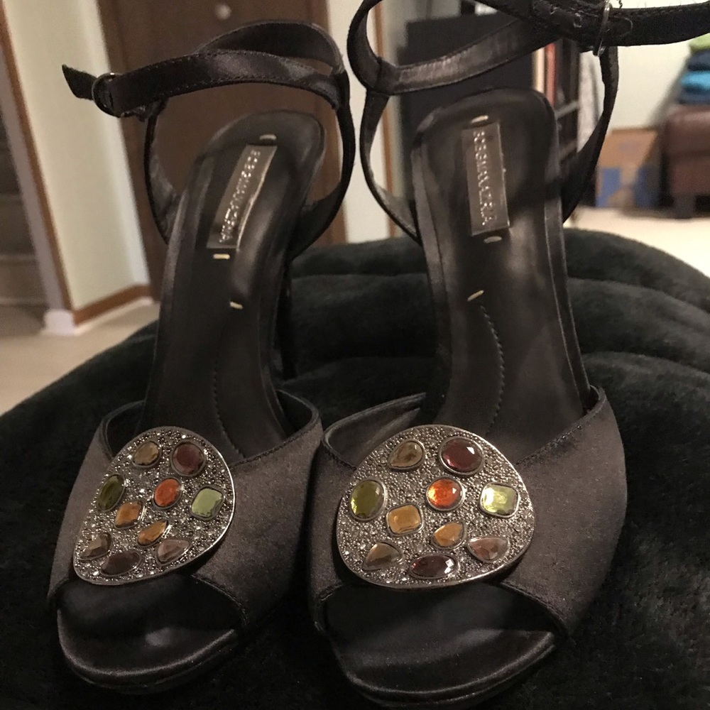 BCBG Max Azria satin ankle strap heels black